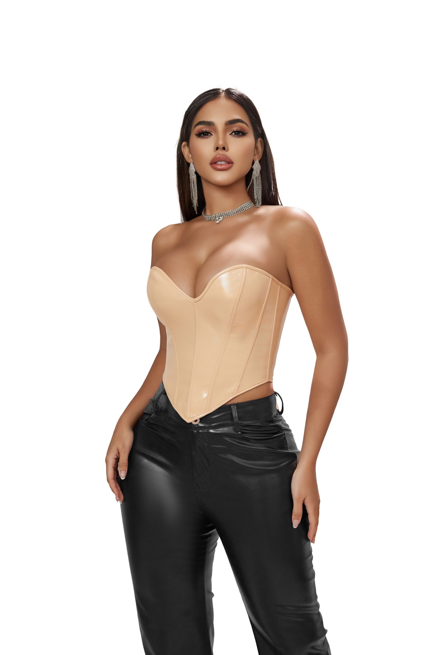 Champagne  Fashion Synthetic Leather Bustier Crop Top Boned Overbust Corset